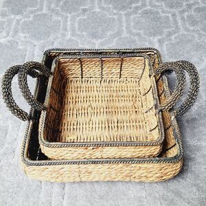 Square Wicker Nesting Baskets LOT OF 2 BLACK METAL HANDLES TRIM rustic cottage